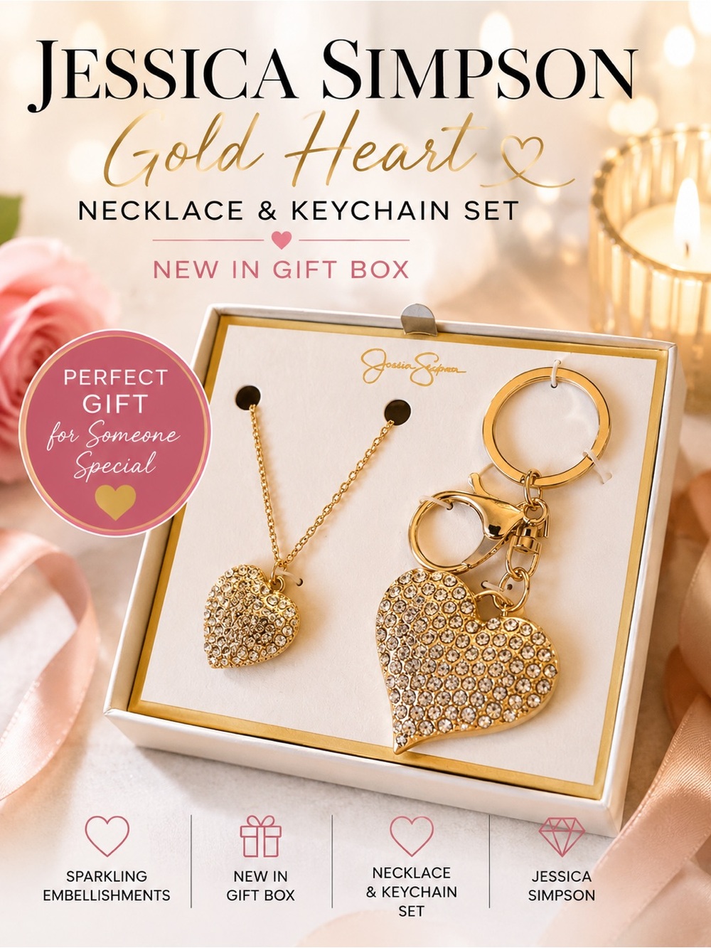 Jessica Simpson Gold Heart Necklace & Keychain - Bag Charm Set New in Gift Box